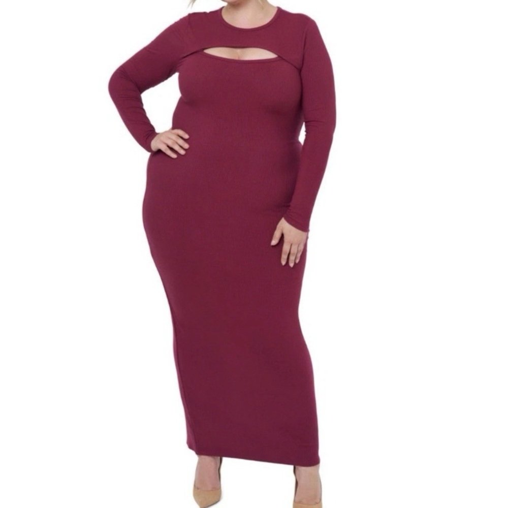 1 Edited Burgundy Long Sleeve Cutout Bodycon Dress Size 3X